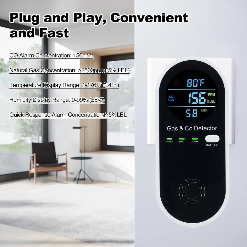 🔥 Flame Safe Hub – 4-in-1 CO & Gas Monitor Alarm | LCD Carbon Monoxide & Natural Gas Detector for Wall Plug-In